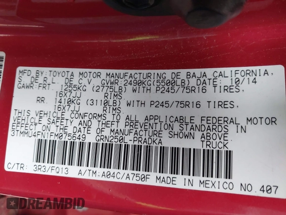 2015 Toyota Tacoma with VIN 3TMMU4FN1FM075649, listed as a IAAI auction lot 40813472 with 179,226 mi miles and . Bid and sale history available at DreamBid. Image 9.