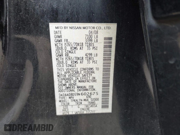 2009 Nissan Armada SE z VIN 5N1BA08D59N602675, wystawiony jako IAAI lot #42314277 z przebiegiem 168 540 mil mil oraz . Historia ofert i sprzedaży dostępna na DreamBid. Obrazek 9.