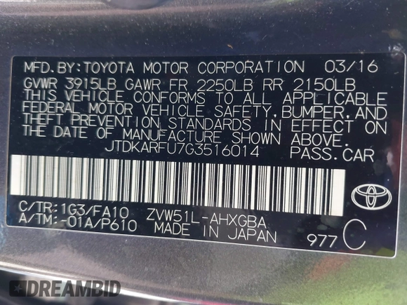 2016 Toyota Prius Four with VIN JTDKARFU7G3516014, listed as a IAAI auction lot 41671300 with 175,745 mi miles. Bid and sale history available at carsss.com. Image 9.