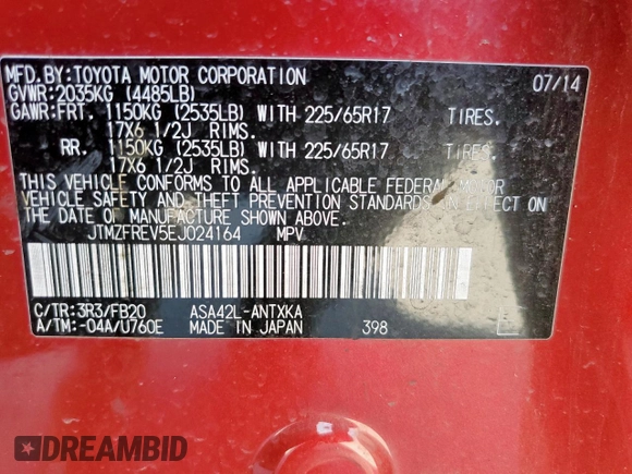 2014 Toyota RAV4 LE z VIN JTMZFREV5EJ024164, wystawiony jako Copart lot #58217845 z przebiegiem 84 958 mil mil oraz Szkoda całkowita • Salvage title. Historia ofert i sprzedaży dostępna na DreamBid. Obrazek 14.