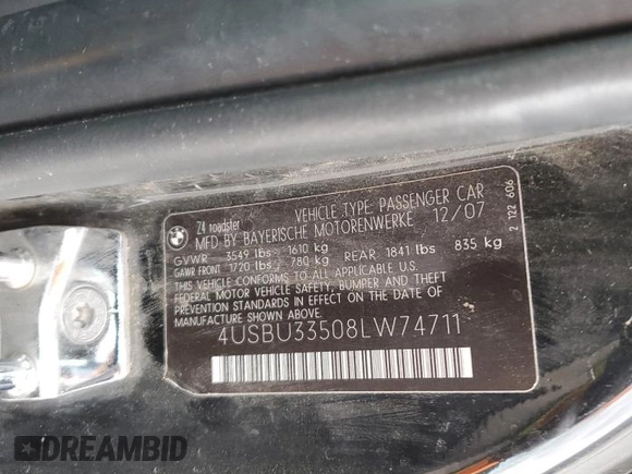 2008 BMW Z4 3.0i with VIN 4USBU33508LW74711, listed as a Copart auction lot 47768015 with 122,241 mi miles and Salvage title. Bid and sale history available at DreamBid. Image 14.