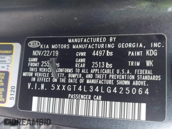 2020 Kia Optima LX with VIN 5XXGT4L34LG425064, listed as a IAAI auction lot 41811003 with 125,619 mi miles and . Bid and sale history available at carsss.com. Image 9.