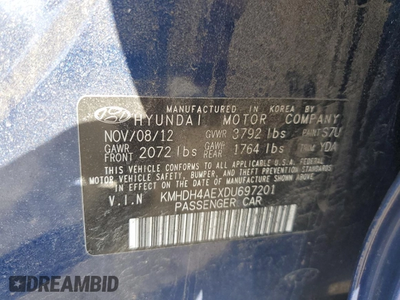 2013 Hyundai Elantra Limited with VIN KMHDH4AEXDU697201, listed as a Copart auction lot 50235345 with 67,411 mi miles and Salvage Title. Bid and sale history available at carsss.com. Image 12.