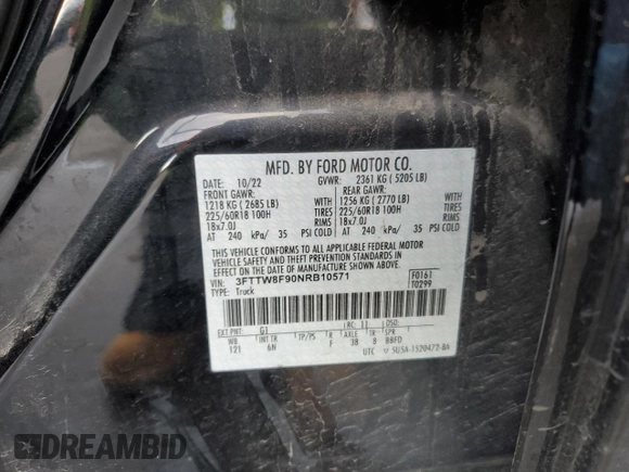 2022 Ford Maverick XL with VIN 3FTTW8F90NRB10571, listed as a Copart auction lot 81838994 with 43,120 mi miles and Salvage Title. Bid and sale history available at DreamBid. Image 14.