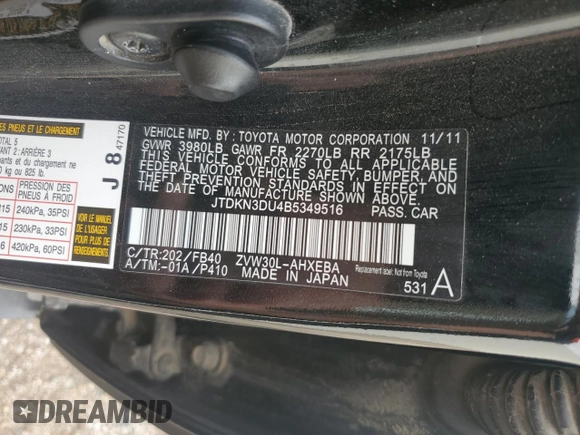 2011 Toyota Prius I z VIN JTDKN3DU4B5349516, wystawiony jako Copart lot #54726025 z przebiegiem 179 452 mil mil oraz Szkoda całkowita • Salvage title. Historia ofert i sprzedaży dostępna na DreamBid. Obrazek 13.