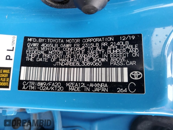 2020 Toyota Corolla Hatchback SE with VIN JTND4RBE8L3089060, listed as a Copart auction lot 68711174 with 142,431 mi miles and Salvage Title. Bid and sale history available at carsss.com. Image 12.