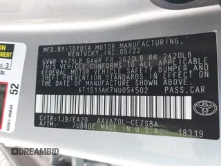 2022 Toyota Camry SE with VIN 4T1S11AK7NU054502, listed as a IAAI auction lot 41857044 with 55,585 mi miles and . Bid and sale history available at DreamBid. Image 9.