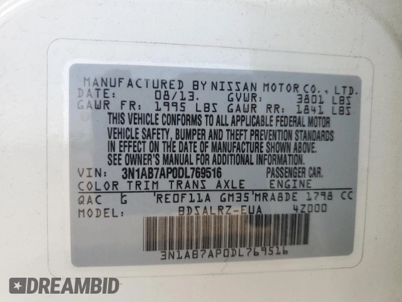 2013 Nissan Sentra SR z VIN 3N1AB7AP0DL769516, wystawiony jako Copart lot #54768795 z przebiegiem 93 083 mil mil oraz Szkoda całkowita • Salvage title. Historia ofert i sprzedaży dostępna na DreamBid. Obrazek 12.