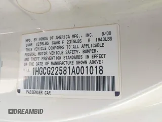 2001 Honda Accord EX с VIN 1HGCG22581A001018, выставлен на аукционе IAAI как лот 42104460 с пробегом 132 247 миль миль и . История ставок и продаж доступна на DreamBid. Изображение 9.