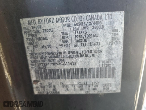 2003 Ford F-150 XL z VIN 2FTRF17W53CA11627, wystawiony jako Copart lot #53781405 z przebiegiem Nie podano mil oraz Szkoda całkowita • Salvage title. Historia ofert i sprzedaży dostępna na DreamBid. Obrazek 12.