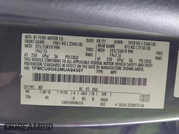2021 Ford Escape SE z VIN 1FMCU0G62MUA94307, wystawiony jako IAAI lot #42018728 z przebiegiem 142 662 mil mil oraz . Historia ofert i sprzedaży dostępna na DreamBid. Obrazek 9.