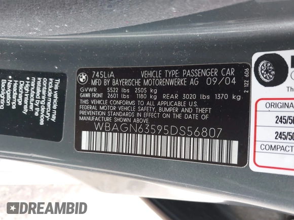 2005 BMW 7 Series 745Li with VIN WBAGN63595DS56807, listed as a IAAI auction lot 42018921 with 128,230 mi miles and . Bid and sale history available at carsss.com. Image 9.