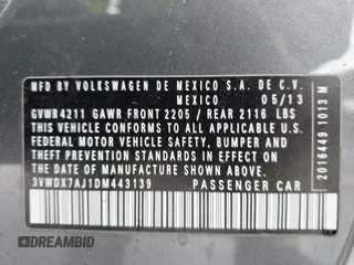 2013 Volkswagen Jetta SE with VIN 3VWDX7AJ1DM443139, listed as a IAAI auction lot 42471738 with 77,578 mi miles and . Bid and sale history available at DreamBid. Image 9.