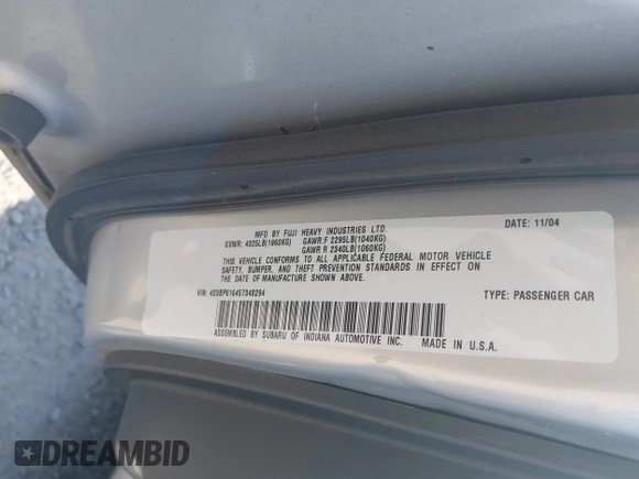 2005 Subaru Legacy with VIN 4S3BP616457348294, listed as a IAAI auction lot 42591067 with 135,036 mi miles and . Bid and sale history available at DreamBid. Image 9.