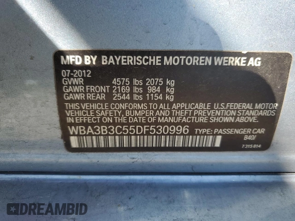 2013 BMW 3 Series 328i xDrive with VIN WBA3B3C55DF530996, listed as a Copart auction lot 54433365 with 130,986 mi miles and Clean Title. Bid and sale history available at DreamBid. Image 12.