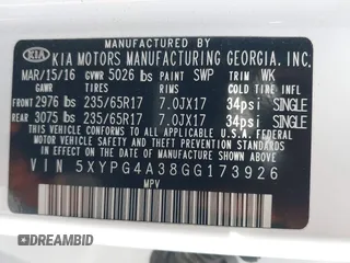 2016 Kia Sorento LX with VIN 5XYPG4A38GG173926, listed as a IAAI auction lot 41921254 with 1 mi miles. Bid and sale history available at carsss.com. Image 9.