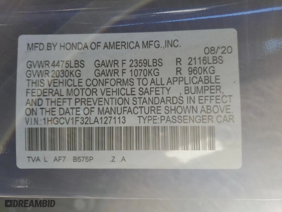 2020 Honda Accord Sedan Sport with VIN 1HGCV1F32LA127113, listed as a Copart auction lot 45515805 with 0 mi miles and Salvage Title. Bid and sale history available at carsss.com. Image 12.