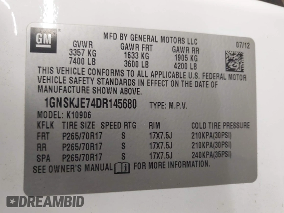 2013 Chevrolet Suburban LT with VIN 1GNSKJE74DR145680, listed as a IAAI auction lot 42114209 with 178,052 mi miles and . Bid and sale history available at DreamBid. Image 9.