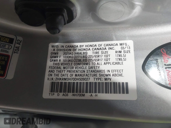 2013 Honda CR-V EX-L with VIN 2HKRM3H70DH509027, listed as a IAAI auction lot 41900728 with 90,819 mi miles and . Bid and sale history available at DreamBid. Image 9.