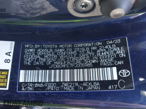 2023 Toyota Corolla Hybrid LE with VIN JTDBCMFE7PJ005985, listed as a IAAI auction lot 41574856 with 31,568 mi miles. Bid and sale history available at carsss.com. Image 9.