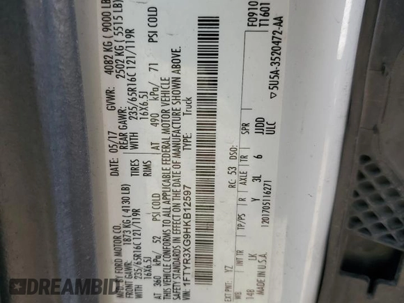 2017 Ford Transit with VIN 1FTYR3XG9HKB12597, listed as a Copart auction lot 52020935 with 281,009 mi miles and Salvage title. Bid and sale history available at DreamBid. Image 13.