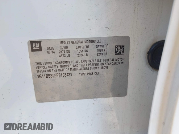 2015 Chevrolet Malibu LT with VIN 1G11D5SL9FF103431, listed as a IAAI auction lot 42093697 with 137,812 mi miles and . Bid and sale history available at DreamBid. Image 9.