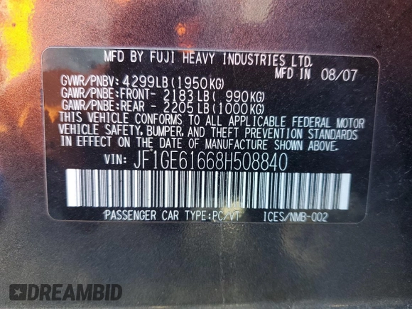 2008 Subaru Impreza Sedan (Natl) i with VIN JF1GE61668H508840, listed as a Copart auction lot 86907424 with 142,905 mi miles and Salvage Title. Bid and sale history available at carsss.com. Image 12.