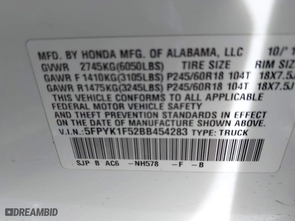 2011 Honda Ridgeline RTL with VIN 5FPYK1F52BB454283, listed as a IAAI auction lot 41841235 with 1 mi miles. Bid and sale history available at carsss.com. Image 9.