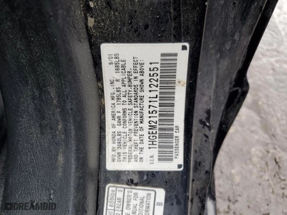 2001 Honda Civic LX with VIN 1HGEM21571L122551, listed as a Copart auction lot 72580004 with 248,826 mi miles and Salvage Title. Bid and sale history available at carsss.com. Image 12.