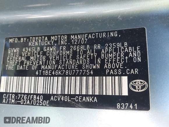2008 Toyota Camry LE with VIN 4T1BE46K78U777754, listed as a IAAI auction lot 41759841 with 1 mi miles. Bid and sale history available at carsss.com. Image 9.