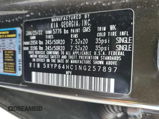 2022 Kia Telluride S z VIN 5XYP64HC1NG257897, wystawiony jako Copart lot #59868225 z przebiegiem 86 096 mil mil oraz Szkoda całkowita • Salvage title. Historia ofert i sprzedaży dostępna na DreamBid. Obrazek 13.