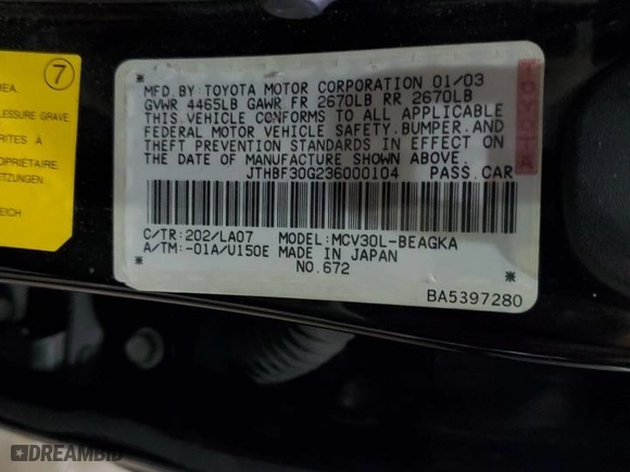 2003 Lexus ES 300 with VIN JTHBF30G236000104, listed as a Copart auction lot 88702815 with 205,371 mi miles and Non Repairable. Bid and sale history available at carsss.com. Image 12.