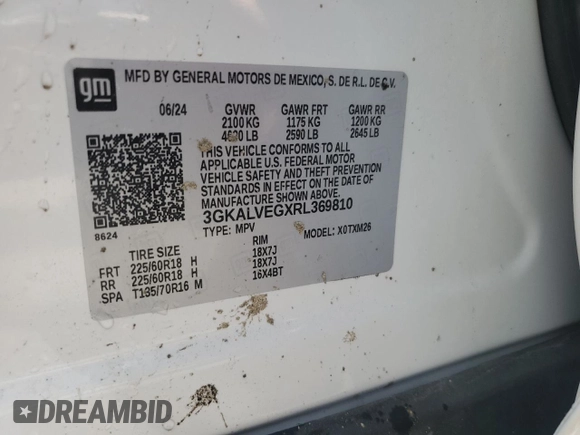 2024 GMC Terrain SLT with VIN 3GKALVEGXRL369810, listed as a Copart auction lot 65135065 with 31,011 mi miles and Salvage title. Bid and sale history available at DreamBid. Image 13.
