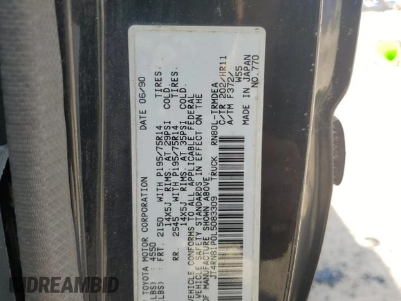 1990 Toyota Pickup DX с VIN JT4RN81P0L5083309, выставлен на аукционе Copart как лот 74438354 с пробегом 143 909 миль миль и Чистый • Clean title. История ставок и продаж доступна на DreamBid. Изображение 13.