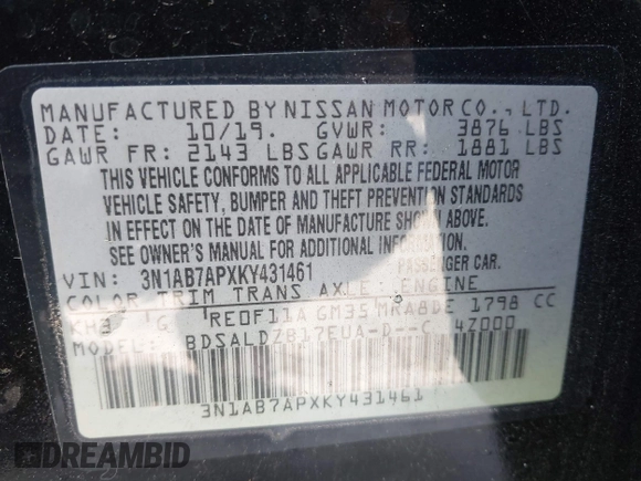 2019 Nissan Sentra SR with VIN 3N1AB7APXKY431461, listed as a IAAI auction lot 40929302 with 80,385 mi miles and . Bid and sale history available at DreamBid. Image 9.
