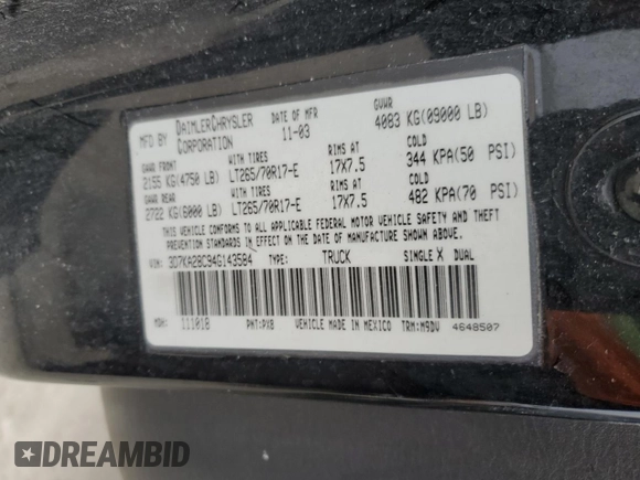 2004 Dodge Ram 2500 SLT with VIN 3D7KA28C94G143584, listed as a Copart auction lot 87600605 with 349,529 mi miles and Salvage Title. Bid and sale history available at carsss.com. Image 12.