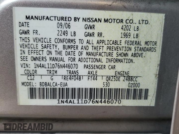 2006 Nissan Altima S with VIN 1N4AL11D76N446070, listed as a Copart auction lot 56741875 with 254,488 mi miles and Salvage title. Bid and sale history available at DreamBid. Image 12.