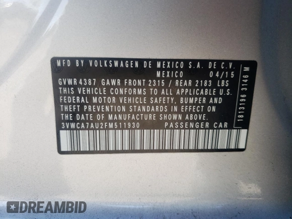 2015 Volkswagen Golf SportWagen TDI S with VIN 3VWCA7AU2FM511930, listed as a Copart auction lot 45267575 with 126,316 mi miles and Salvage Title. Bid and sale history available at carsss.com. Image 14.