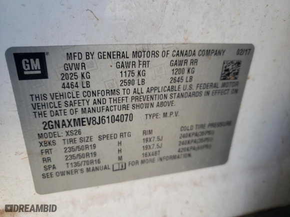 2018 Chevrolet Equinox Premier with VIN 2GNAXMEV8J6104070, listed as a Copart auction lot 49051535 with 251,661 mi miles and Salvage Title. Bid and sale history available at carsss.com. Image 13.