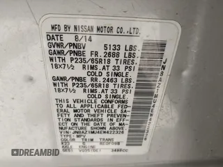2014 Nissan Murano SV z VIN JN8AZ1MU4EW422326, wystawiony jako IAAI lot #42443318 z przebiegiem 229 169 mil mil oraz . Historia ofert i sprzedaży dostępna na DreamBid. Obrazek 9.