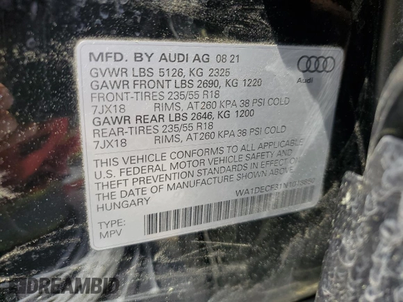 2022 Audi Q3 S line Premium z VIN WA1DECF31N1018850, wystawiony jako Copart lot #52559035 z przebiegiem 44 466 mil mil oraz Szkoda całkowita • Salvage title. Historia ofert i sprzedaży dostępna na DreamBid. Obrazek 14.