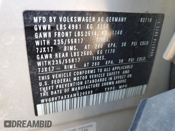 2010 Volkswagen Tiguan S с VIN WVGBV7AXXAW520599, выставлен на аукционе Copart как лот 62006315 с пробегом 143 877 миль миль и Чистый • Clean title. История ставок и продаж доступна на DreamBid. Изображение 13.