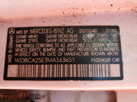 1991 Mercedes-Benz 300 with VIN WDBCA25E3MA563651, listed as a Copart auction lot 80231294 with 181,521 mi miles and Clean Title. Bid and sale history available at DreamBid. Image 12.