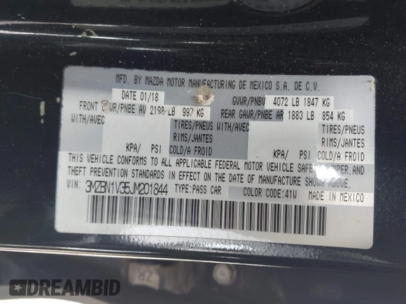 2018 Mazda 3 Touring with VIN 3MZBN1V35JM201844, listed as a IAAI auction lot 42051674 with 75,932 mi miles and . Bid and sale history available at DreamBid. Image 9.