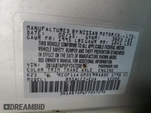 2015 Nissan Sentra SR with VIN 3N1AB7AP6FY247298, listed as a Copart auction lot 48979755 with 152,122 mi miles and Clean Title. Bid and sale history available at DreamBid. Image 12.