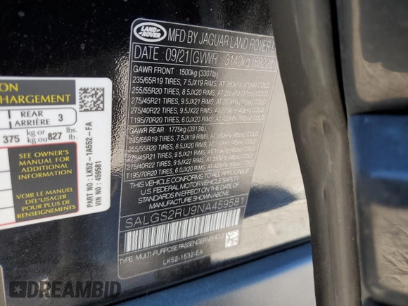 2022 Land Rover Range Rover Westminster with VIN SALGS2RU9NA459581, listed as a Copart auction lot 77399534 with 56,644 mi miles and Salvage title. Bid and sale history available at DreamBid. Image 14.