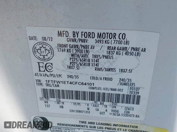 2012 Ford F-150 XL with VIN 1FTFW1ET4CFC64101, listed as a IAAI auction lot 42516381 with 237,211 mi miles and . Bid and sale history available at DreamBid. Image 9.