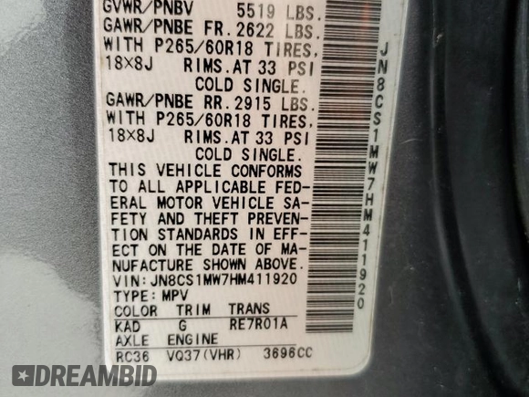 2017 Infiniti QX70 with VIN JN8CS1MW7HM411920, listed as a Copart auction lot 63930635 with Not provided miles and Clean title. Bid and sale history available at DreamBid. Image 12.