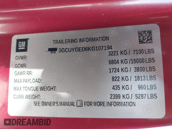 2019 Chevrolet Silverado 1500 LTZ with VIN 3GCUYGED6KG107194, listed as a IAAI auction lot 41316888 with 88,485 mi miles and . Bid and sale history available at DreamBid. Image 9.