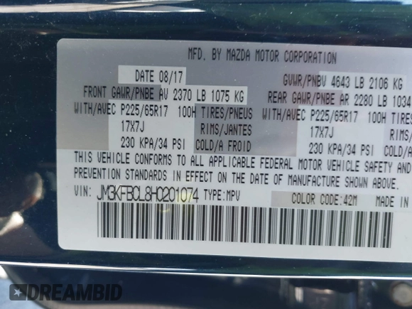 2017 Mazda CX-5 Touring with VIN JM3KFBCL8H0201074, listed as a IAAI auction lot 41747146 with 42,092 mi miles. Bid and sale history available at carsss.com. Image 9.
